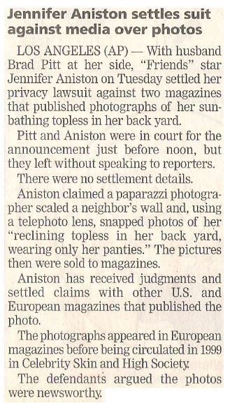 Aniston, Jennifer / Settles Suit Against Media Over Photos | July 2002