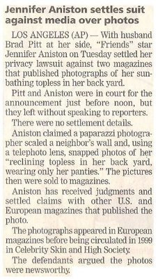 Aniston, Jennifer / Settles Suit Against Media Over Photos | July 2002