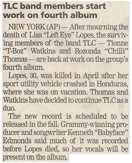 TLC / Band Members Start Work On Fourth Album | Newspaper Article | July 2002