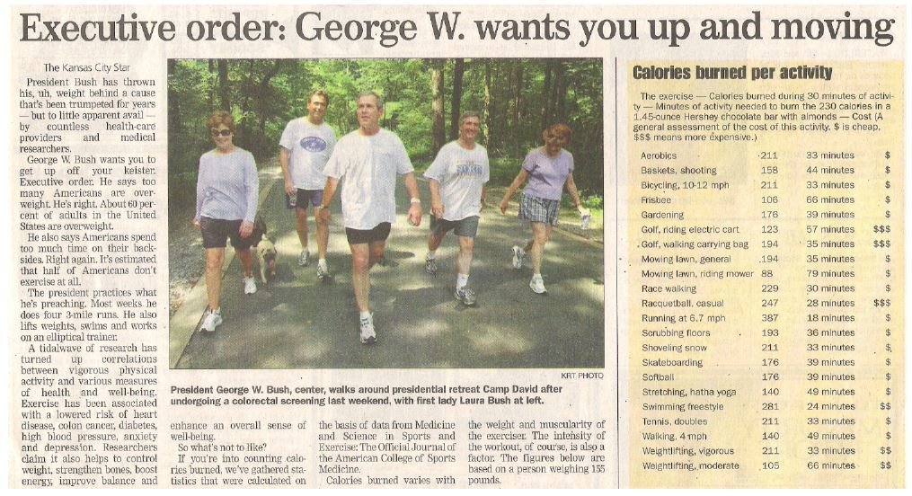 Bush, George W. / Executive Order: George W. Wants You Up and Moving | Newspaper Article with Photo | July 2002