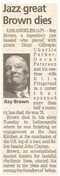 Brown, Ray / Jazz Great Brown Dies | Newspaper Article with Photo | July 2002