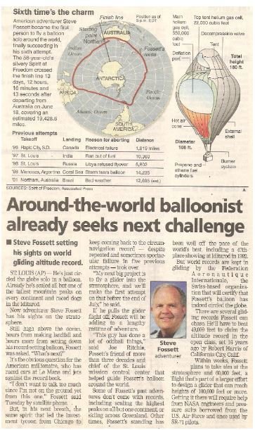 Fossett, Steve / Around-the-World Balloonist Already Seeks Next Challenge | Newspaper Article with Photo | July 2002