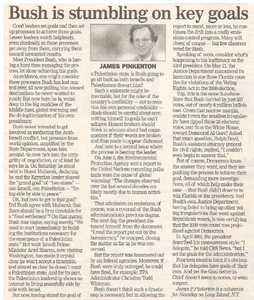 Bush, George W. / Bush Is Stumbling On Key Goals | Newspaper Article | June 2002