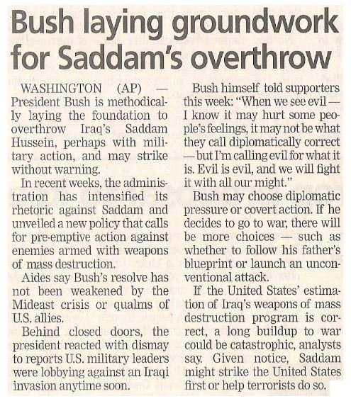 Bush, George W. / Bush Laying Groundwork for Saddam's Overthrow | Newspaper Article | June 2002