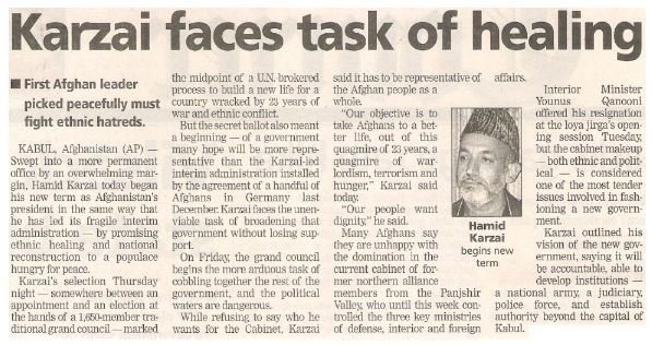 Karzai, Hamid / Karzai Faces Task of Healing | Newspaper Article with Photo | June 2002