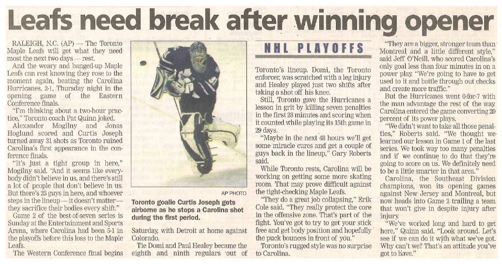 Joseph, Curtis / Leafs Need Break After Winning Opener | Newspaper Article with Photo | May 2002