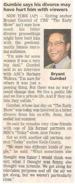 Gumbel, Bryant / Gumbel Says His Divorce May Have Hurt Him with Viewers | Newspaper Article with Photo | May 2002