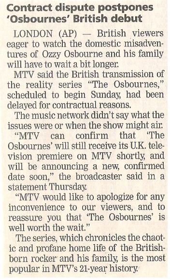 Osbourne, Ozzy / Contract Dispute Postpones 'Osbournes' British Debut | Newspaper Article | May 2002