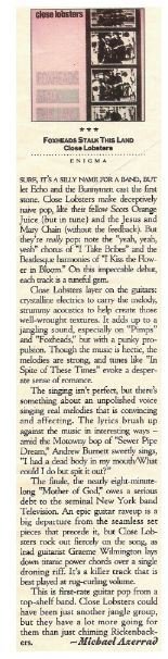 Close Lobsters / Foxheads Stalk This Land | Magazine Review | 1987