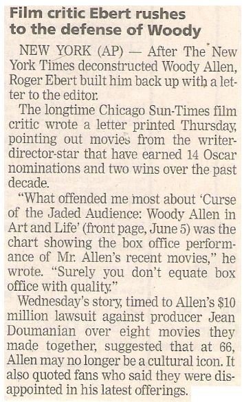 Ebert, Roger / Film Critic Ebert Rushes to the Defense of Woody | Newspaper Article | June 2002