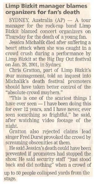Limp Bizkit / Manager Blames Organizers for Fan's Death | Newspaper Article | June 2002