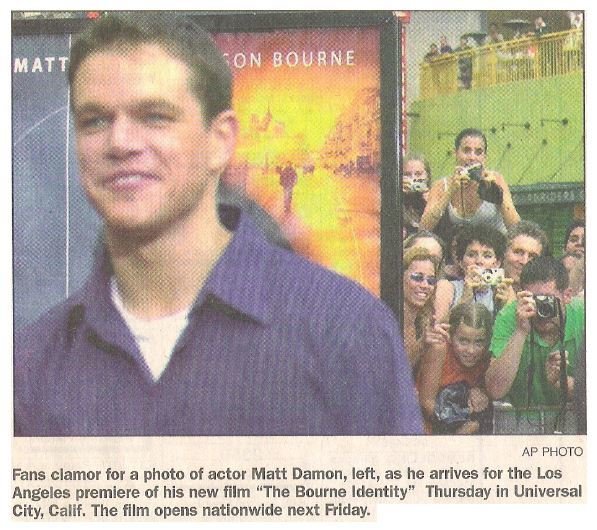 Damon, Matt / The Bourne Identity - Los Angeles Premiere | Newspaper Photo with Caption | June 2002