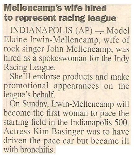Mellencamp, John / Mellencamp's Wife Hired to Represent Racing League | Newspaper Article | May 2001
