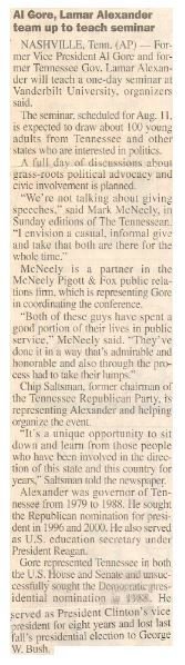 Gore, Al / Al Gore, Lamar Alexander Team Up to Teach Seminar | Newspaper Article | May 2001