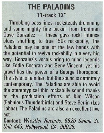 Paladins, The / The Paladins - Wrestler Records | Magazine Review | December 1987