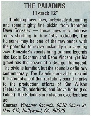 Paladins, The / The Paladins - Wrestler Records | Magazine Review | December 1987