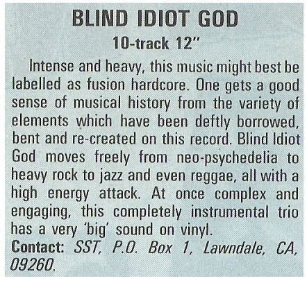 Blind Idiot God / Blind Idiot God | Magazine Review | December 1987