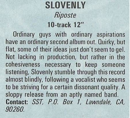 Slovenly / Riposte | Magazine Review | December 1987