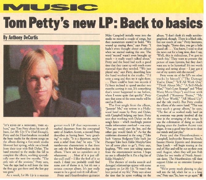 Petty, Tom / Tom Petty's New LP: Back to Basics | Magazine Article | May 1987