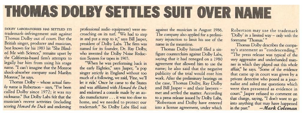 Dolby, Thomas / Thomas Dolby Settles Suit Over Name | Magazine Article | May 1987