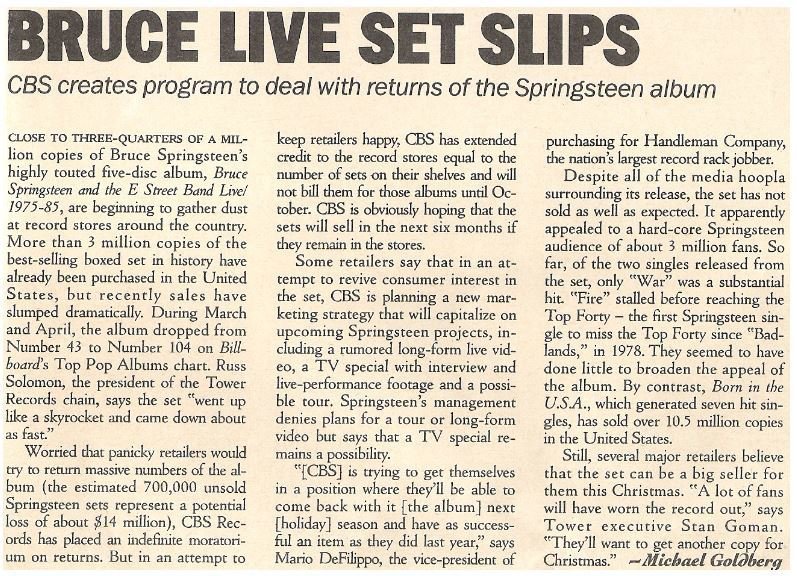 Springsteen, Bruce / Bruce Live Set Slips | Magazine Article | May 1987
