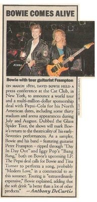 Bowie, David / Bowie Comes Alive | Magazine Article | May 1987 | with Peter Frampton