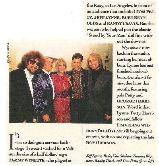 Wynette, Tammy / The Roxy, Los Angeles, Backstage | Magazine Article | May 1990 | with Jeff Lynne, Ricky Van Shelton, Randy Travis, Tom Petty