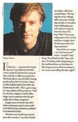 Adams, Bryan / It&#39;s Been An Experimental Couple of Years | Magazine Article | May 1990