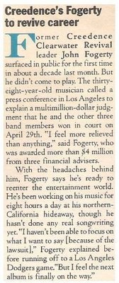 Fogerty, John / Creedence&#39;s Fogerty to Revive Career | Magazine Article | July 1983