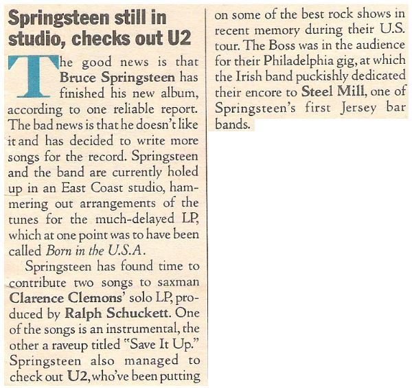 Springsteen, Bruce / Springsteen Still in Studio, Checks Out U2 | Magazine Article | July 1983