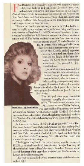 Nicks, Stevie / Rolling Stone - 1983 Reader's Poll | Magazine Article | March 1984 | with Michael Jackson, David Bowie