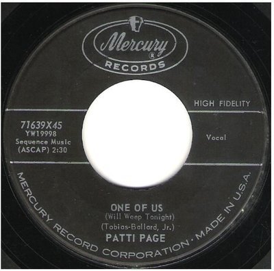 Page, Patti / One of Us (Will Weep Tonight) | Mercury 71639 | Single, 7&quot; Vinyl | May 1960
