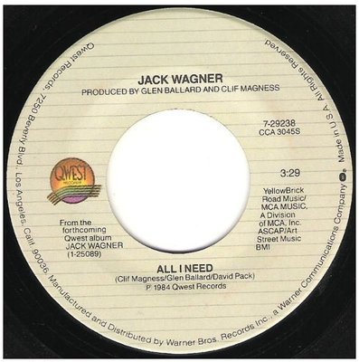 Wagner, Jack / All I Need | Qwest 7-29238 | Single, 7&quot; Vinyl | October 1984