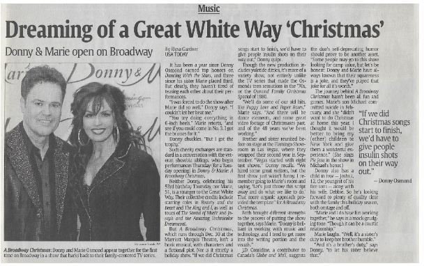 Osmond, Donny + Marie / Dreaming of a Great White Way 'Christmas' | Newspaper Article | December 2010