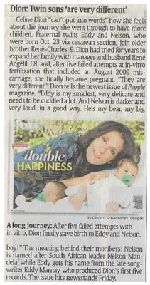 Dion, Celine / Dion: Twin Sons Are Very Different | Newspaper Article | December 2010
