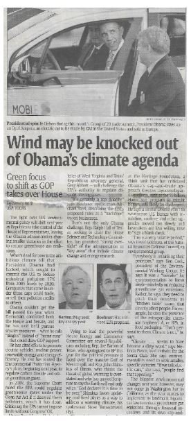 Obama, Barack / Wind May Be Knocked Out of Obama's Climate Agenda | Newspaper Article | November 2010