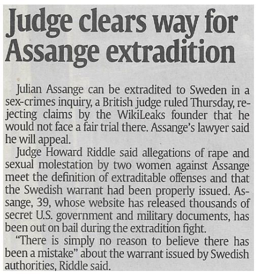Assange, Julian / Judge Clears Way for Assange Extradition | Newspaper Article | February 2011