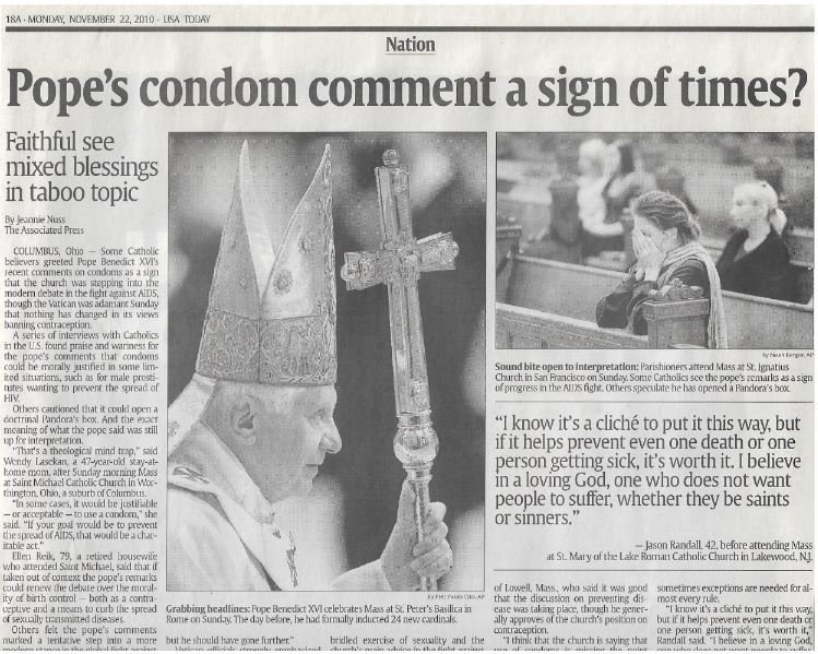 Pope Benedict XVI / Pope's Condom Comment a Sign of Times? | Newspaper Article | November 2010