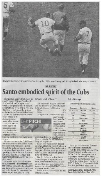 Santo, Ron / Santo Embodied Spirit of the Cubs | Newspaper Article | December 2010