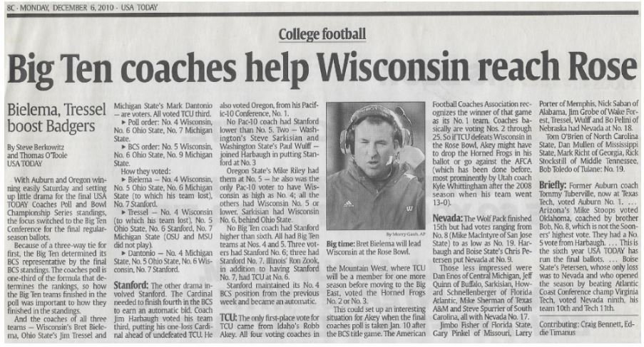 Bielema, Bret / Big Ten Coaches Help Wisconsin Reach Rose | Newspaper Article | December 2010 | Wisconsin Badgers