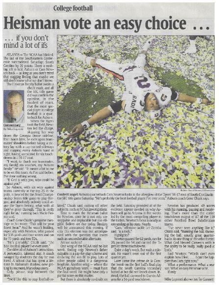 Newton, Cam / Heisman Vote An Easy Choice | Newspaper Article | December 2010 | Auburn Tigers
