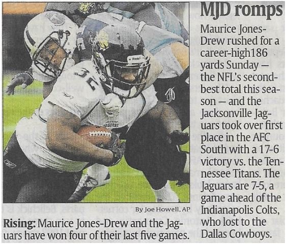 Jones-Drew, Maurice / MJD Romps | Newspaper Article | December 2010 | Jacksonville Jaguars