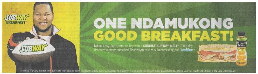 Suh, Ndamukong / One Ndamukong Good Breakfast! - Subway | Newspaper Ad | December 2010 | Detroit Lions