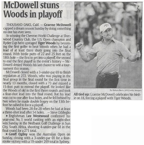 McDowell, Graeme / McDowell Stuns Woods in Playoff | Newspaper Article | December 2010