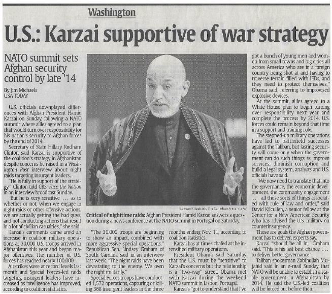 Karzai, Hamid / U.S.: Karzai Supportive of War Strategy | Newspaper Article | November 2010