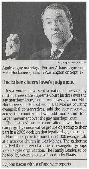 Huckabee, Mike / Huckabee Cheers Iowa's Judgement | Newspaper Article | November 2010