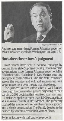 Huckabee, Mike / Huckabee Cheers Iowa&#39;s Judgement | Newspaper Article | November 2010