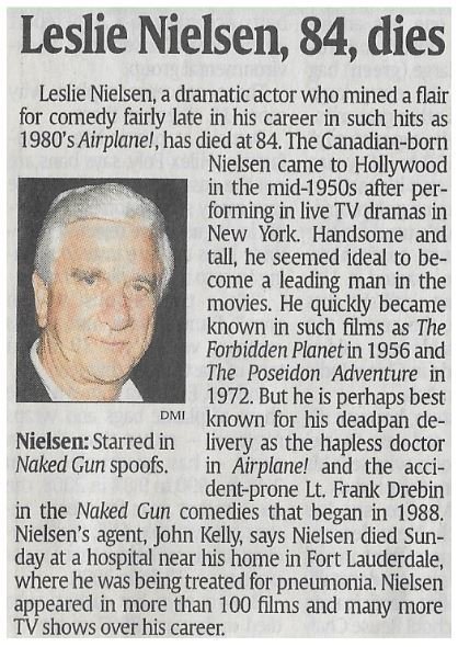 Nielsen, Leslie / Leslie Nielsen, 84, Dies | Newspaper Article | November 2010 | Obituary