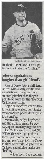 Jeter, Derek / Jeter's Negotiations Tougher Than Girlfriend's | Newspaper Article | November 2010 | New York Yankees