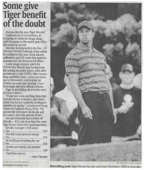 Woods, Tiger / Some Give Tiger Benefit of the Doubt | Newspaper Article | November 2010 | Golf